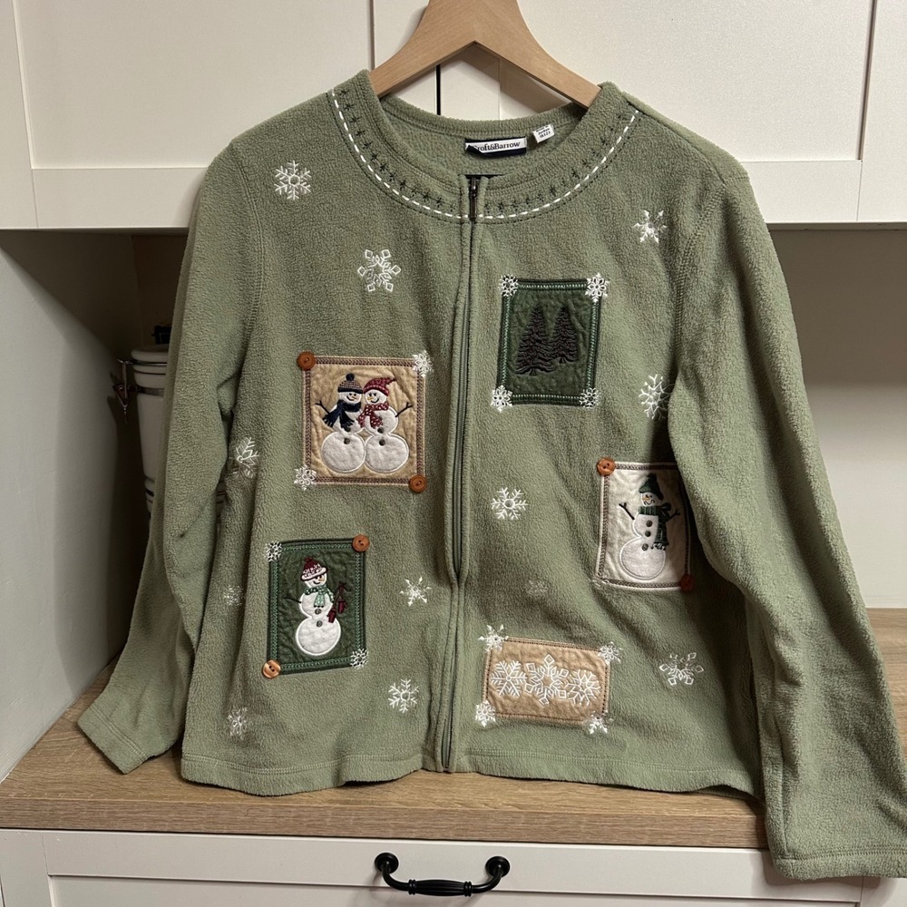 Vintage Holiday Fleece Jacket Womens M Green Snowman Christmas Zip Up Sweater